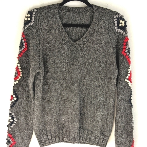 HANDKNIT Grey Sweater with Diamond Pattern Sleeves S/M - Picture 1 of 9